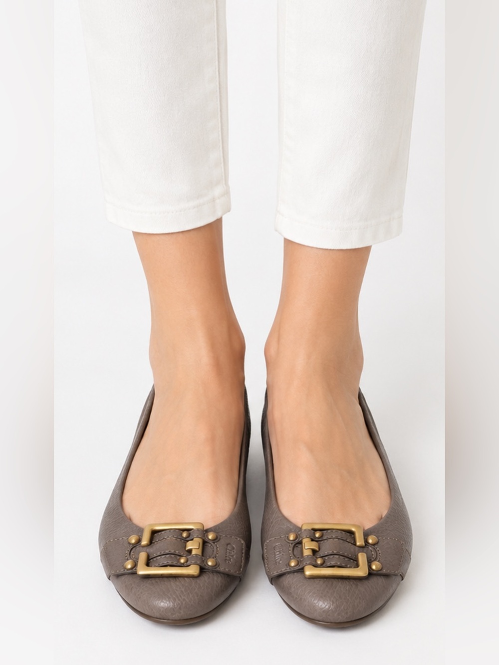 Chloé Leather Ballet Flats Taupe Gold Buckle Logo Shoes EU 40